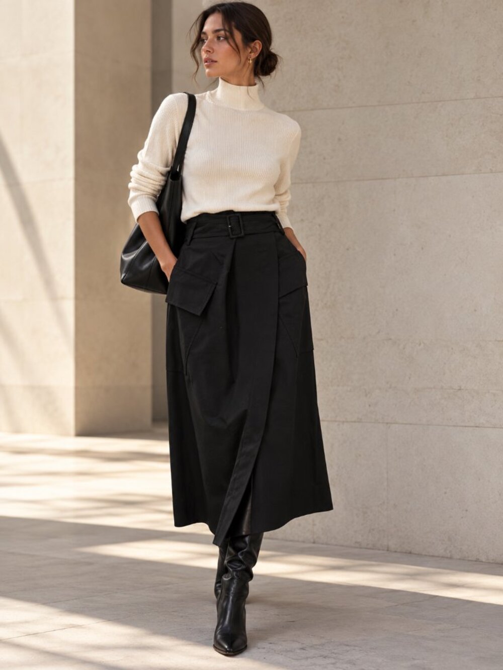 VINCE Black Utility Wrap Midi Skirt Belted Asymmetric Cargo Pockets City Chic 0